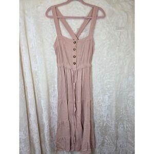Kori America Pink Tiered Midi Dress Button Front Crisscross Back Pockets‎ Medium